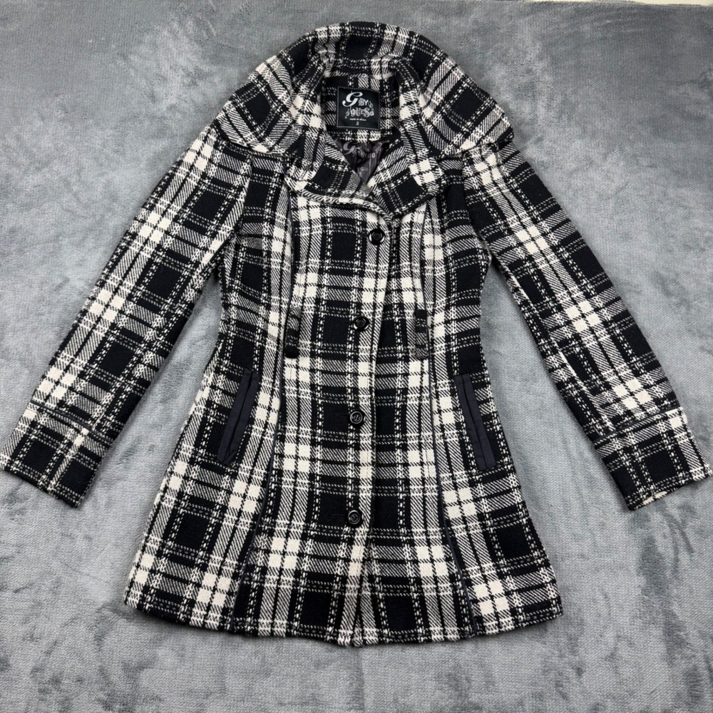 G by Guess Womens Black White Plaid Wool Blend Funnel Neck Coat Small